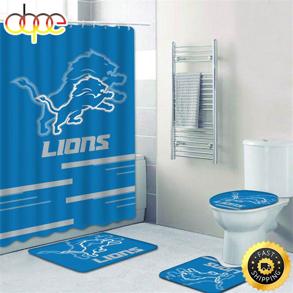 NFL Detroit Lions Non Slip Rugs Toilet Lid Cover Bath Mat Shower Curtain 4pcs Sets