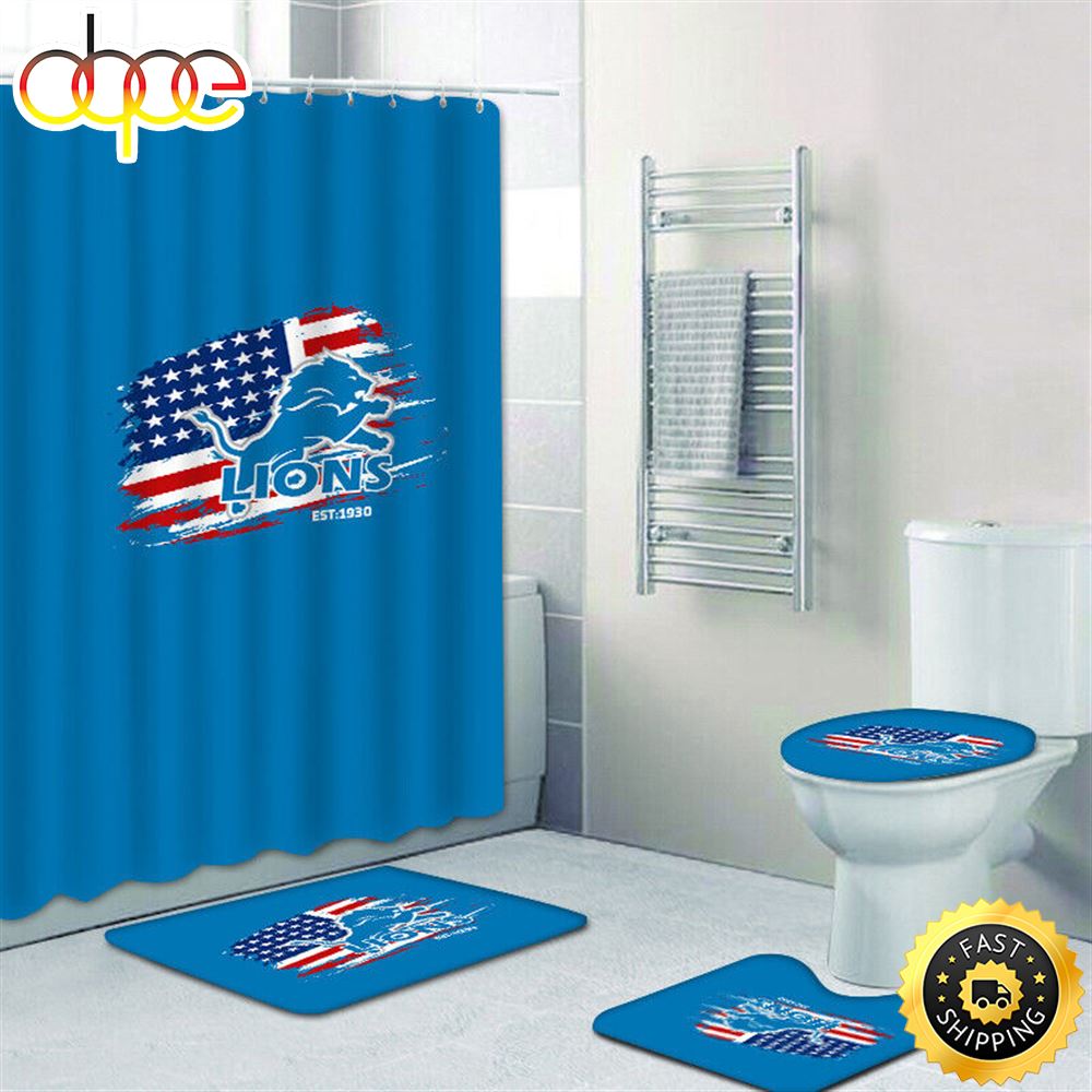 NFL Flag Detroit Lions Non Slip Rugs Toilet Lid Cover Bath Mat Shower Curtain 4pcs Sets