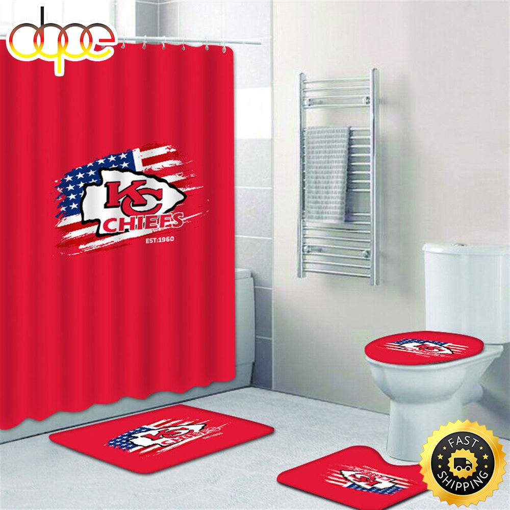 NFL Flag Kansas City Chiefs 4pcs Rugs Set Bath Mat Shower Curtain Toilet Lid Cover Gift