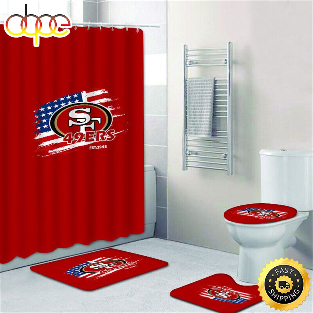 NFL Flag San Francisco 49ers 4pcs Bathroom Shower Curtain Set Bath Mats Toilet Lid Cover