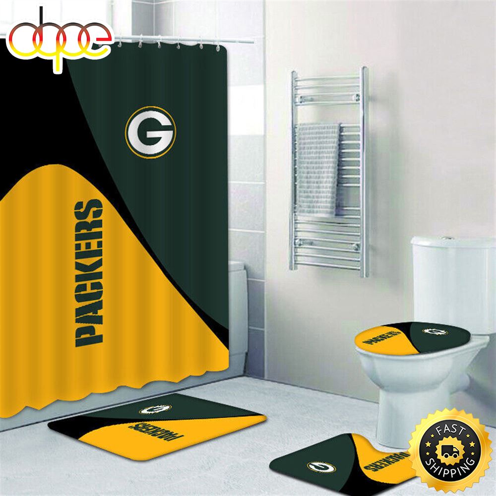 NFL Green Bay Packers 4pcs Bathroom Rug Set Bath Shower Curtain Toilet Lid Cover Mat 3d