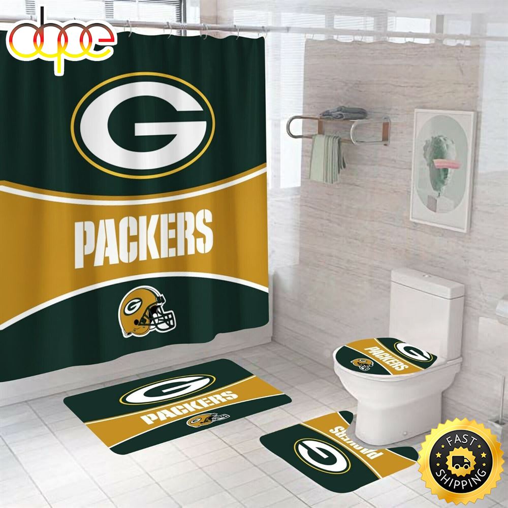 NFL Green Bay Packers 4pcs Bathroom Rug Set Bath Shower Curtain Toilet Lid Cover Mat