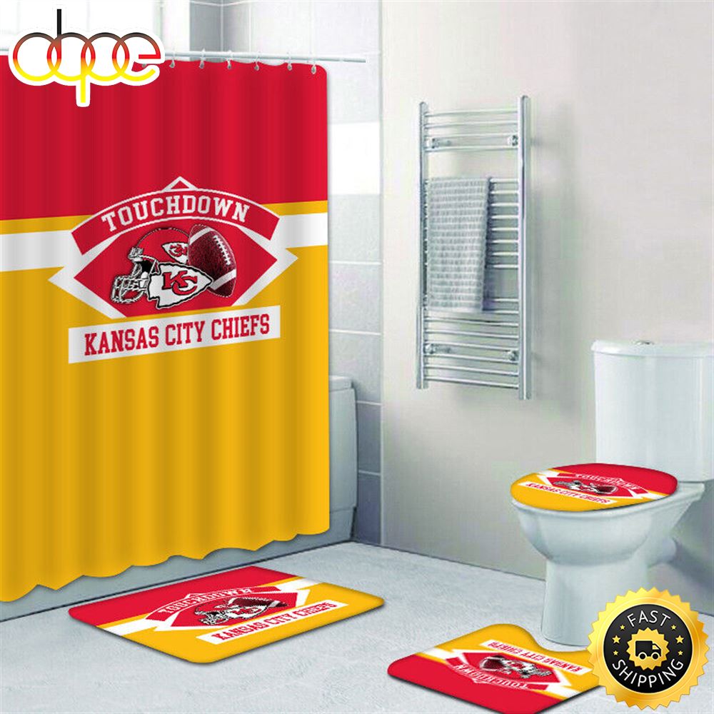 NFL Hot Kansas City Chiefs 4pcs Rugs Set Bath Mat Shower Curtain Toilet Lid Cover Gift