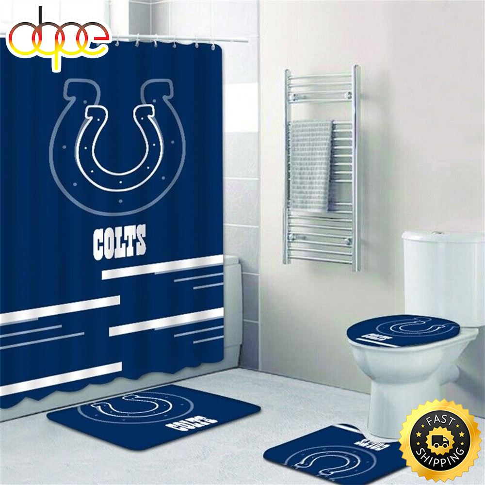 NFL Indianapolis Colts 4pcs Bathroom Rugs Set Shower Curtain Toilet Lid Cover Decor Logo