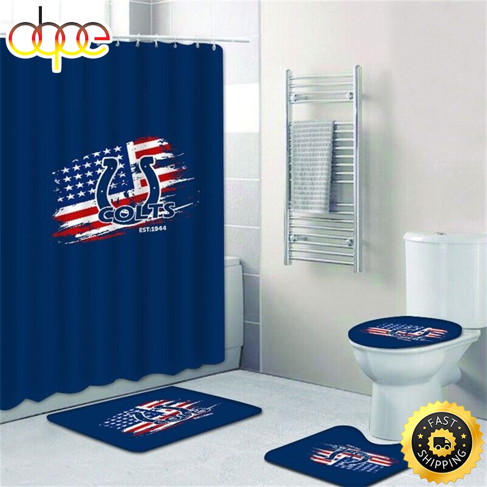 NFL Indianapolis Colts 4pcs Bathroom Rugs Set Shower Curtain Toilet Lid Cover Decor