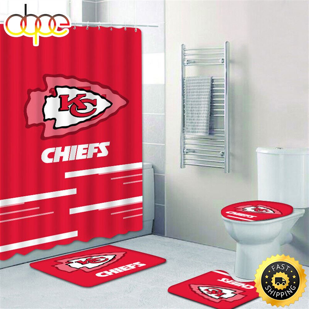 NFL Kansas City Chiefs 4pcs Rugs Set Bath Mat Shower Curtain Toilet Lid Cover Gift 3d