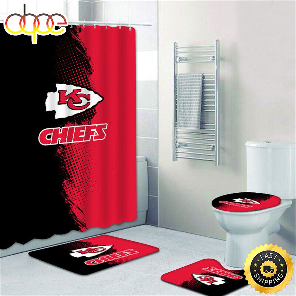NFL Kansas City Chiefs 4pcs Rugs Set Bath Mat Shower Curtain Toilet Lid Cover Gift