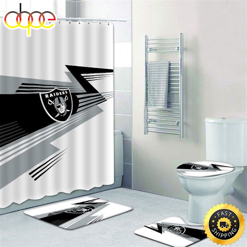 NFL Las Vegas Raiders 4pcs Bathroom Rug Set Bath Shower Curtain Toilet Lid Cover Mat