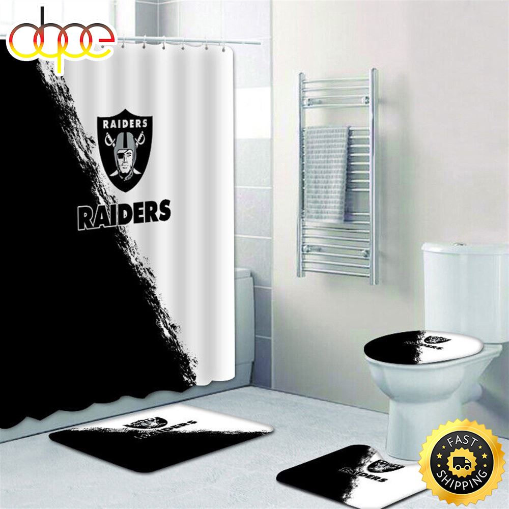 NFL Las Vegas Raiders Shower Curtain 4pcs Toilet Lid Cover Non Slip Bath Rugs Set 5