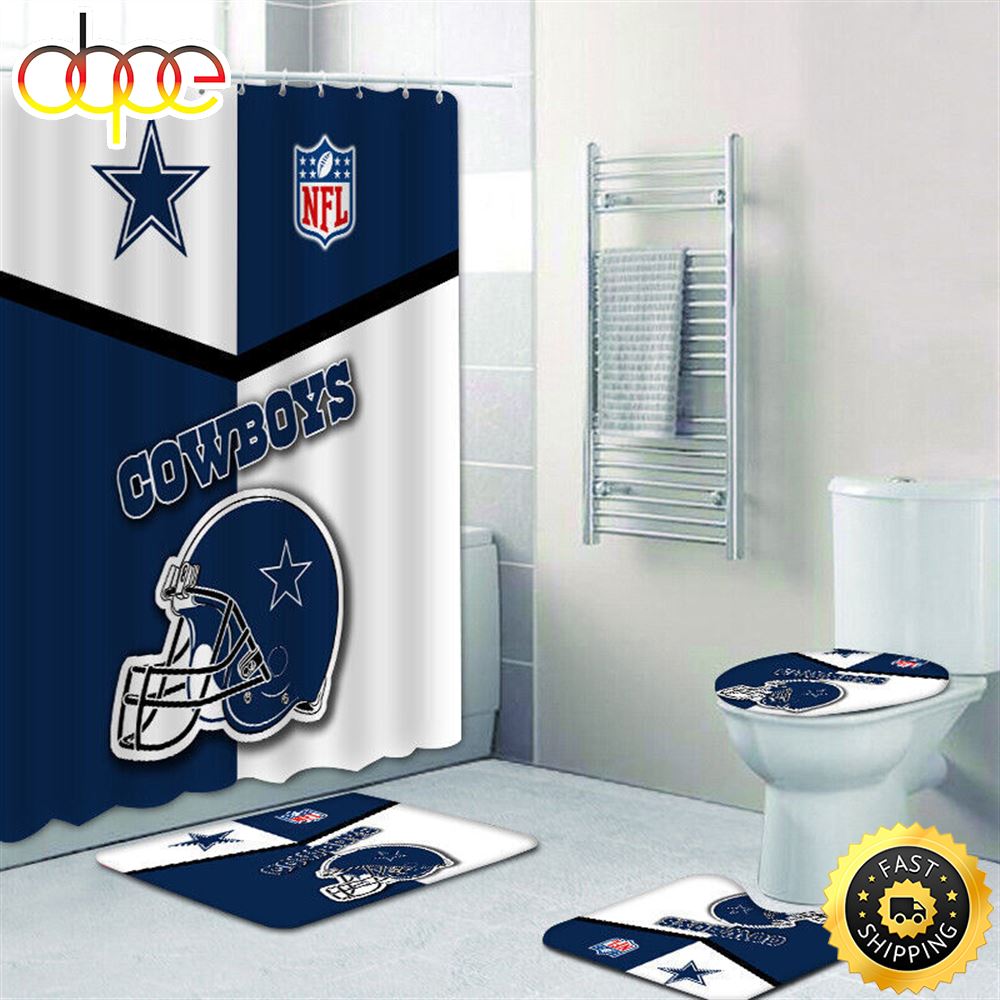 NFL Logo Dallas Cowboys 4pcs Bathroom Rugs Set Bath Shower Curtains Toilet Lid Covers Mat