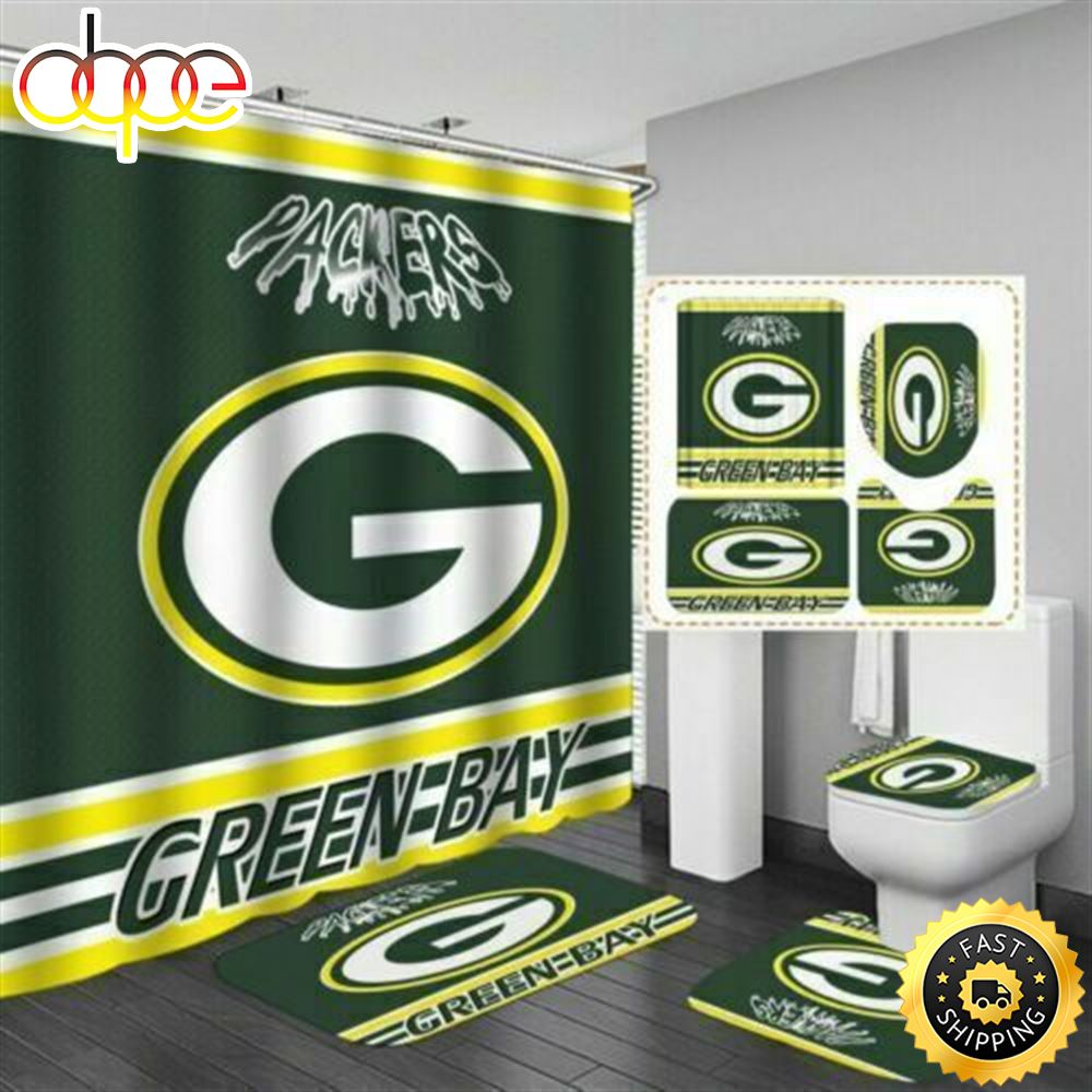 NFL Logo Green Bay Packers 4pcs Bathroom Rug Set Bath Shower Curtain Toilet Lid Cover Mat