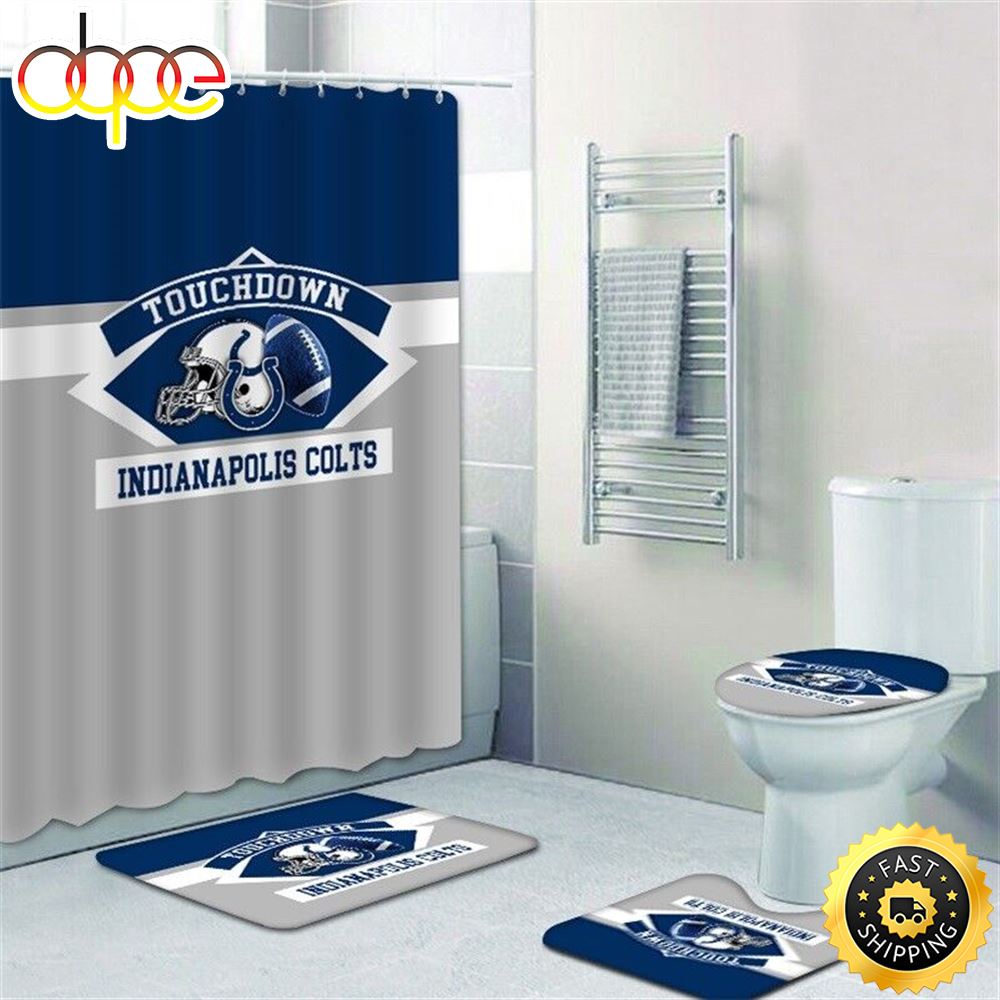 NFL Logo Indianapolis Colts 4pcs Bathroom Rugs Set Shower Curtain Toilet Lid Cover Decor