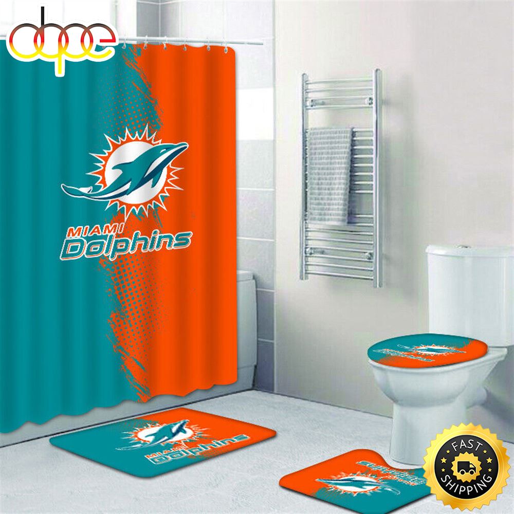 NFL Logo Miami Dolphins Non Slip Rugs Toilet Lid Cover Bath Mat Shower Curtain 4pcs Sets