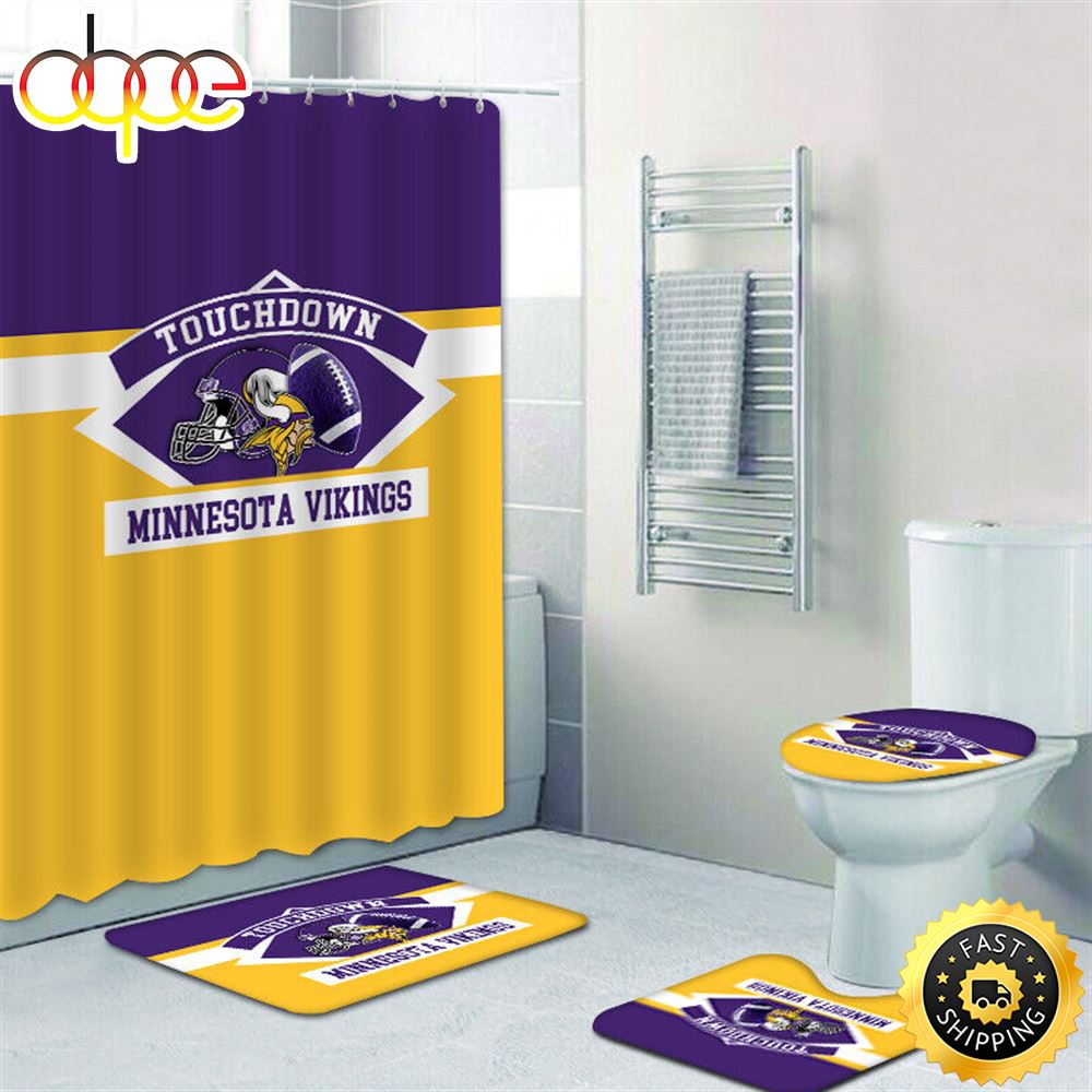 NFL Logo Minnesota Vikings Bath Rugs Set 4pcs Shower Curtain Non Slip Toilet Lid Cover
