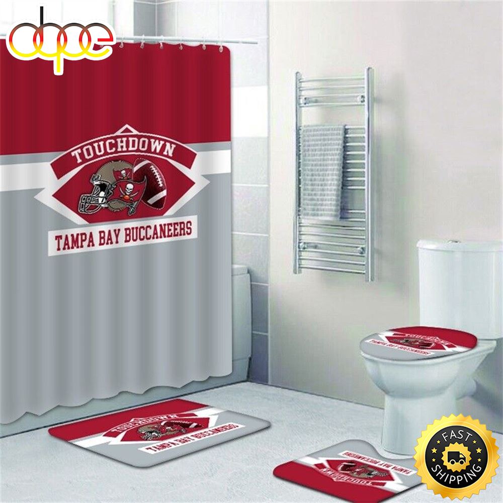 NFL Logo Tampa Bay Buccaneers 4pcs Bathroom Rugs Set Shower Curtain Toilet Lid Cover Gift