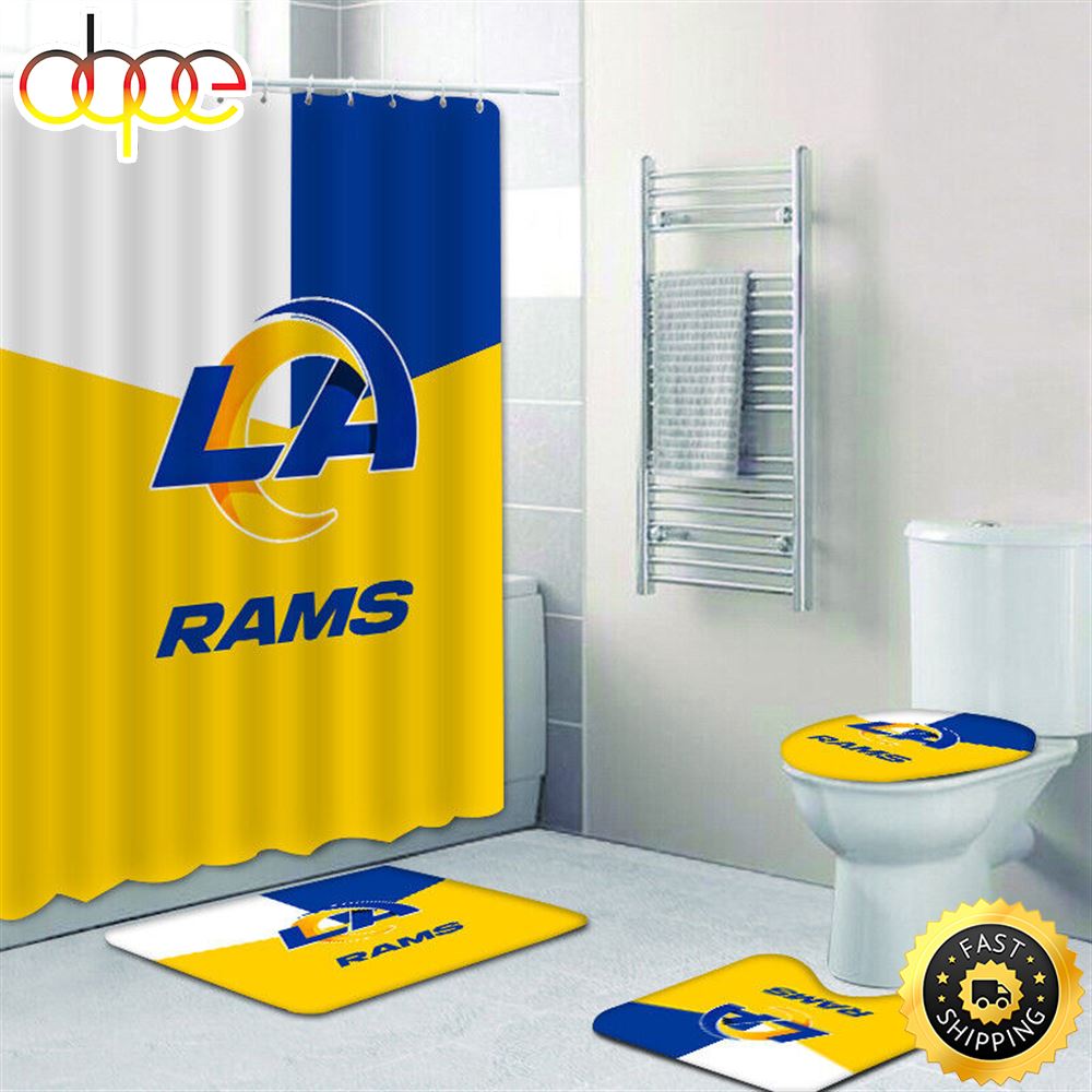 NFL Los Angeles Rams 3d Shower Curtain Non Slip Bath Mat Rug Toilet Lid Cover 4pcs Set