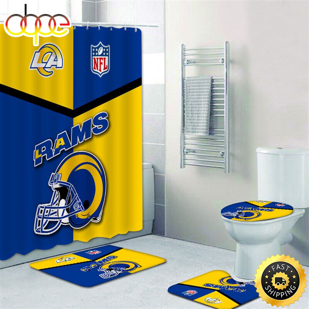NFL Los Angeles Rams Shower Curtain Non Slip Bath Mat Rug Toilet Lid Cover 4pcs