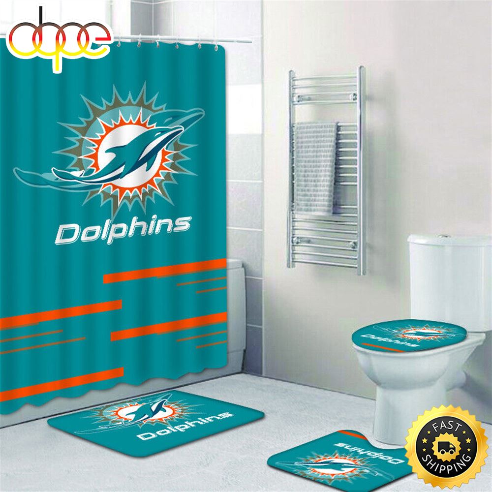 NFL Miami Dolphins Non Slip Rugs Toilet Lid Cover Bath Mat Shower Curtain 4pcs Sets
