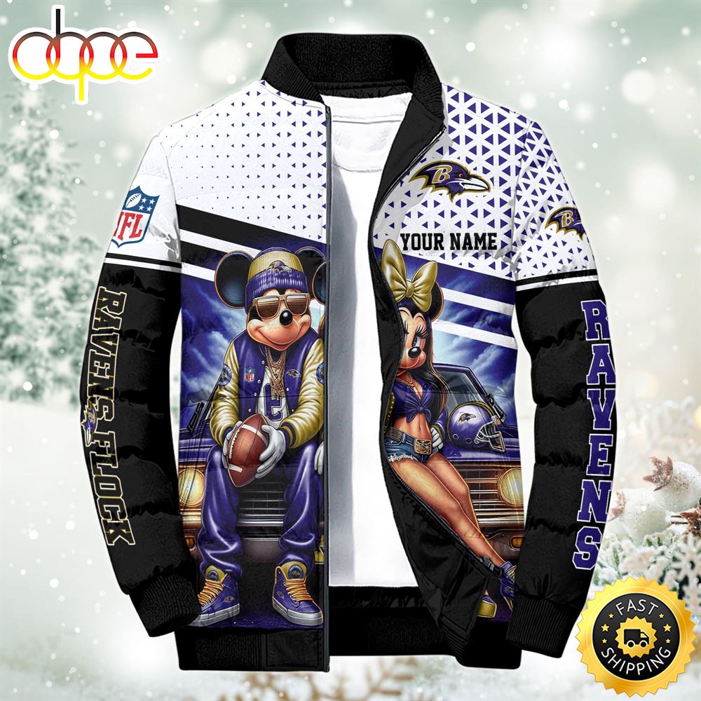 NFL Mickey And Minnie Baltimore Ravens Puffer Jacket Custom