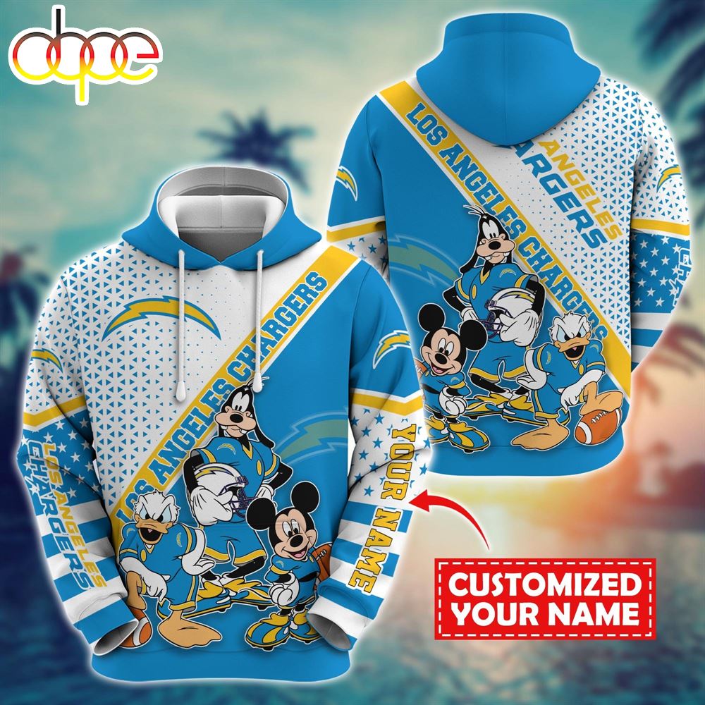NFL Mickey Mouse Los Angeles Chargers Character Cartoon Movie Custom Name Hoodie New Arrivals