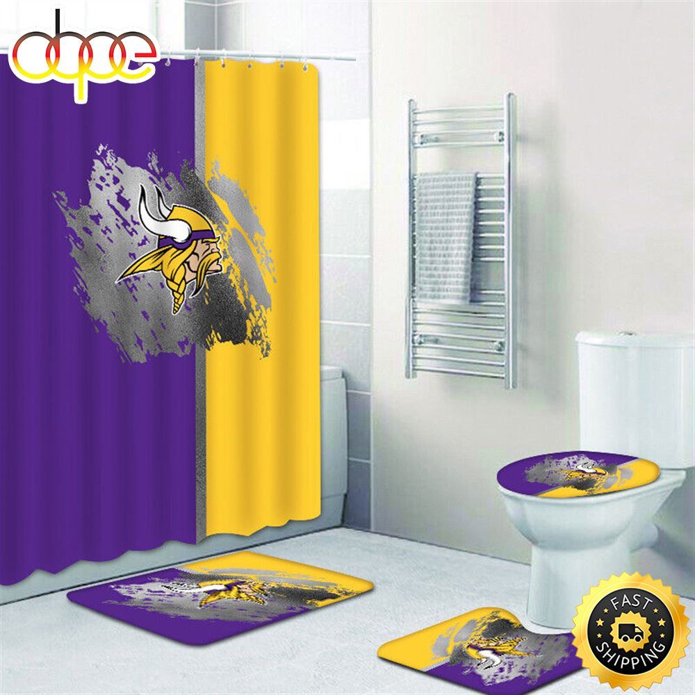 NFL Minnesota Vikings Bath Rugs Set 4pcs Shower Curtain Non Slip Toilet Lid Cover Logo