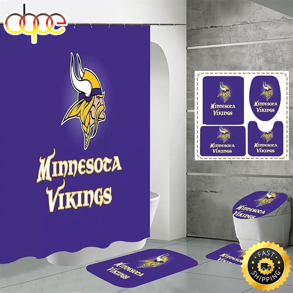 NFL Minnesota Vikings Bathroom Set Shower Curtain Non Slip Rugs Toilet Lid Cover Mat