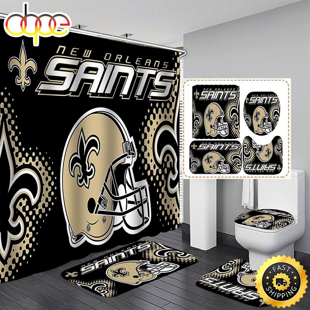 NFL New Orleans Saints Bathroom Set Shower Curtain Non Slip Rug Toilet Lid Cover Mat 3d