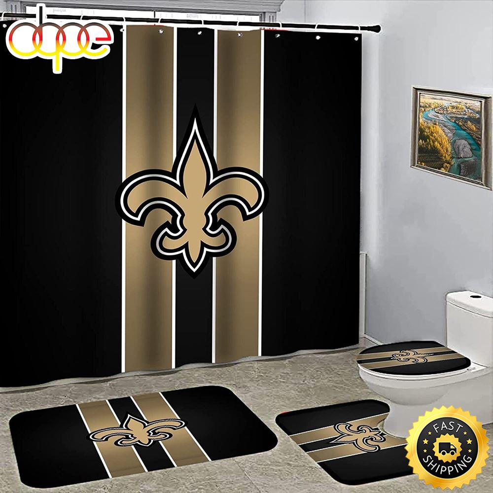 NFL New Orleans Saints Bathroom Set Shower Curtain Non Slip Rug Toilet Lid Cover Mat Logo