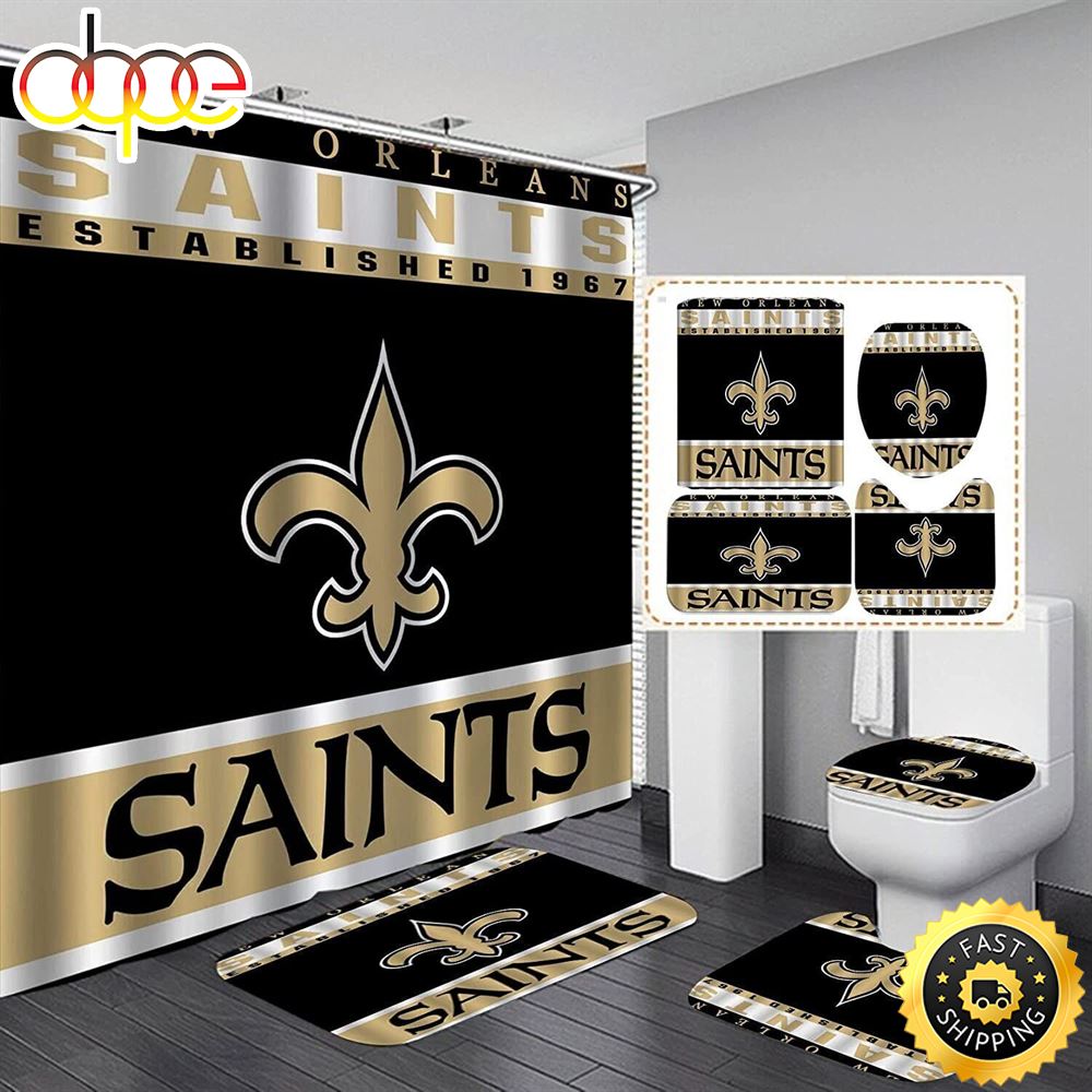 NFL New Orleans Saints Bathroom Set Shower Curtain Non Slip Rug Toilet Lid Cover Mat