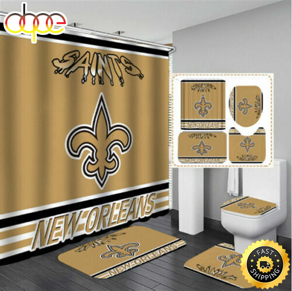 NFL New Orleans Saints Bathroom Set Shower Curtain Non Slip Rug Toilet Lid