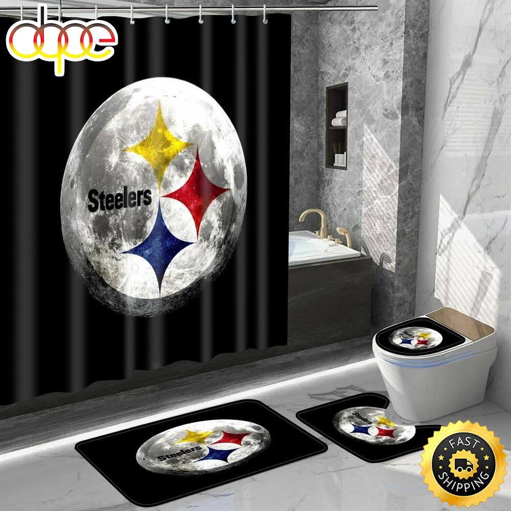 NFL Pittsburgh Steelers 4pcs Bathroom Rugs Set Shower Curtains Toilet Lid Cover Mats 3d