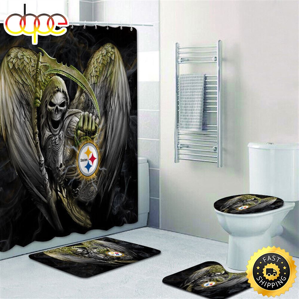 NFL Pittsburgh Steelers 4pcs Bathroom Rugs Set Shower Curtains Toilet Lid Cover Mats