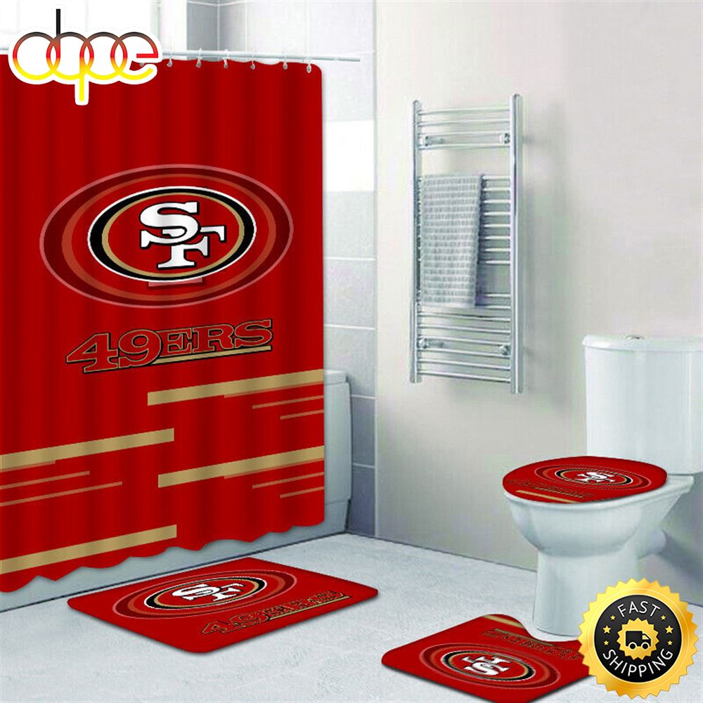 NFL Red San Francisco 49ers 4pcs Bathroom Shower Curtain Set Bath Mats Toilet Lid Cover
