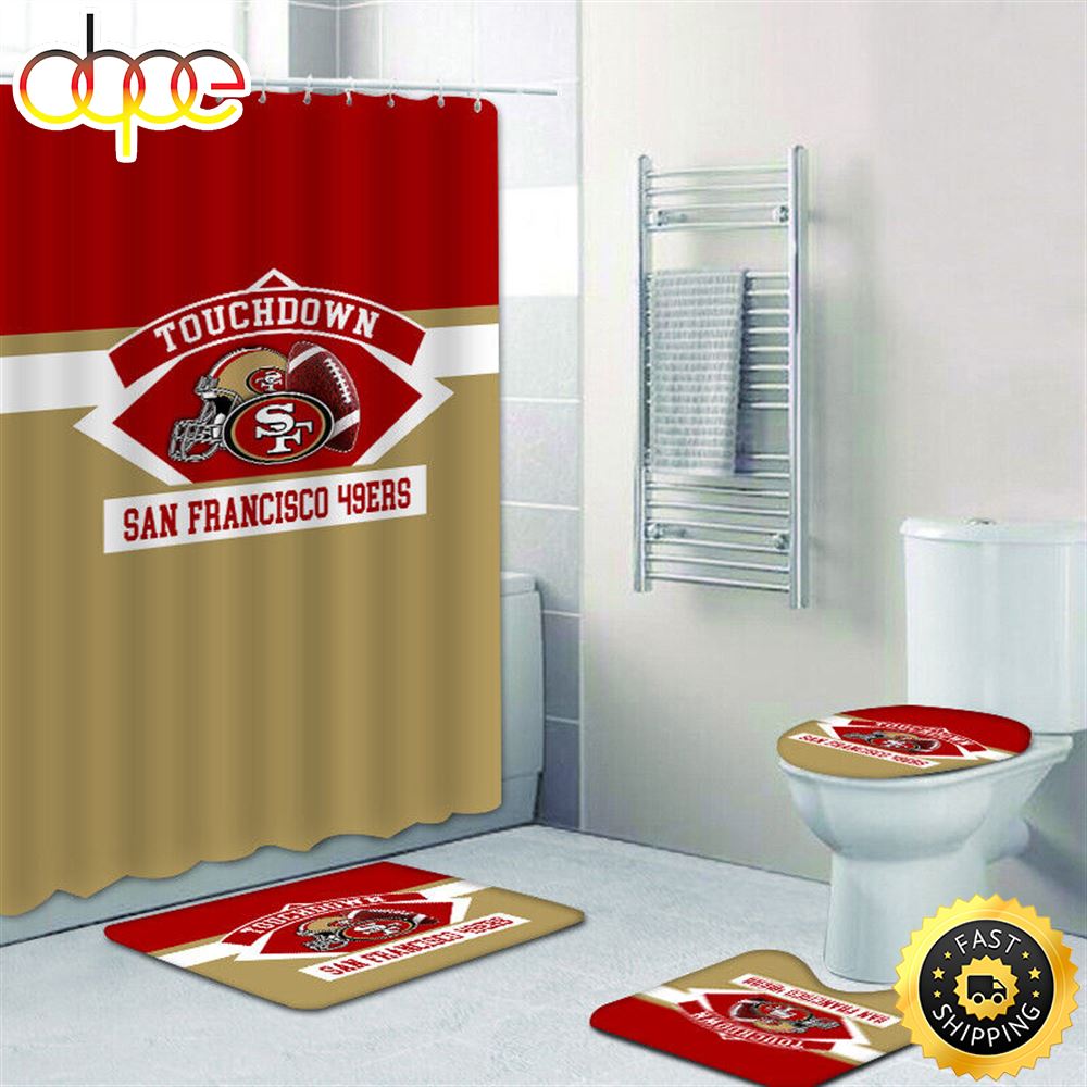 NFL San Francisco 49ers 4pcs Bathroom Shower Curtain Set Bath Mats Toilet Lid Cover 3d