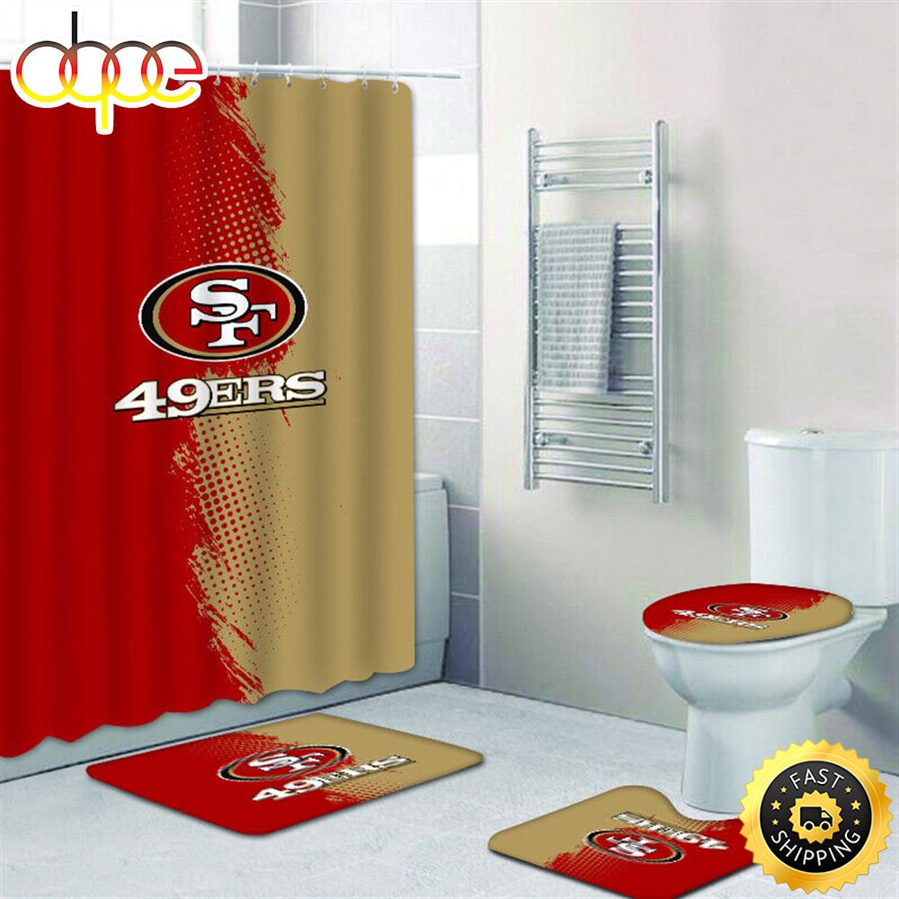 NFL San Francisco 49ers 4pcs Bathroom Shower Curtain Set Bath Mats Toilet Lid Cover
