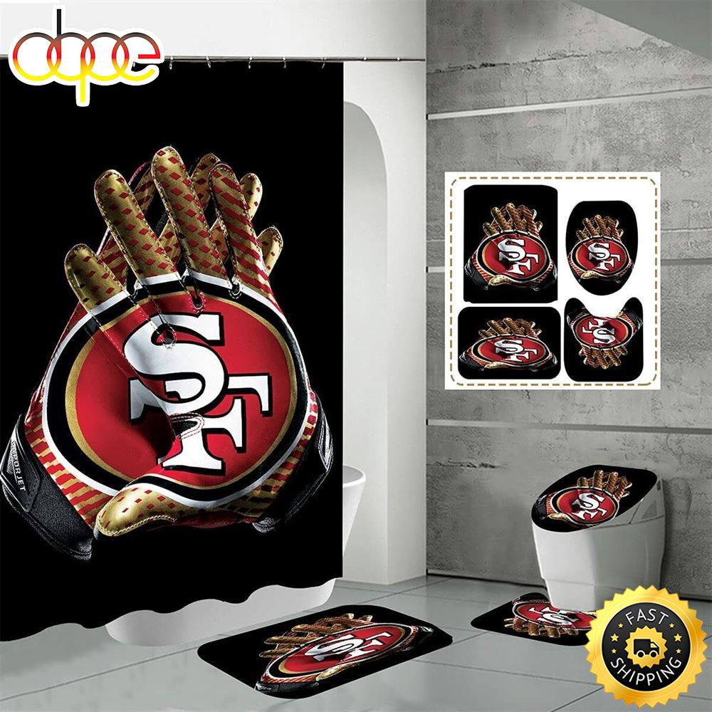 NFL San Francisco 49ers Shower Curtains Set 4pcs Non Slip Bath Mat Toilet Lid Cover