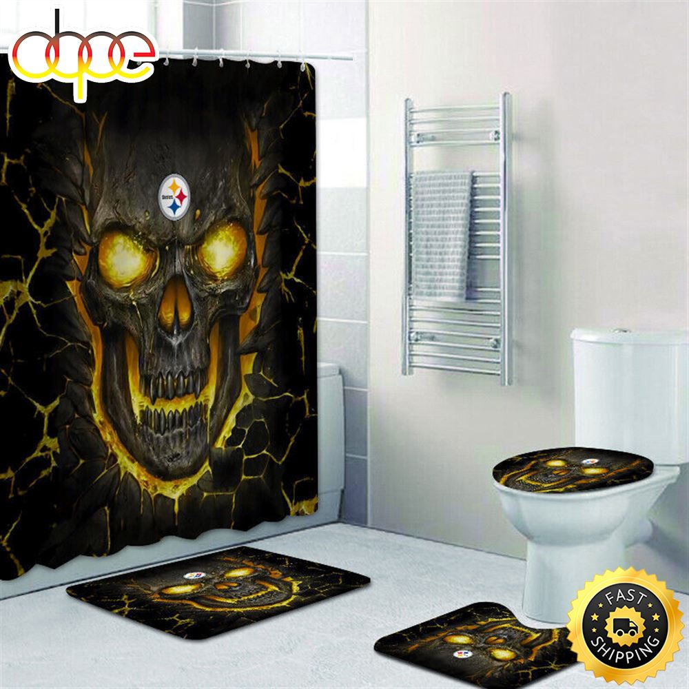 NFL Skull Pittsburgh Steelers 4pcs Bathroom Rugs Set Shower Curtains Toilet Lid Cover Mats