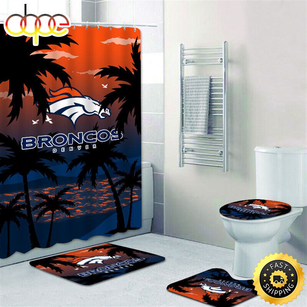 NFL Summer Denver Broncos Bathroom 4pcs Rugs Set Bath Mat Shower Curtain Toilet Lid Cover