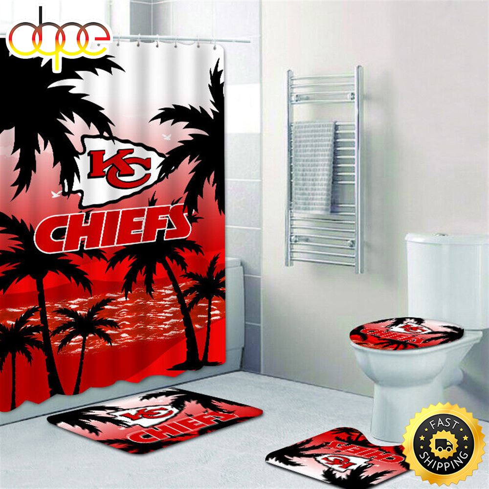 NFL Summer Kansas City Chiefs 4pcs Rugs Set Bath Mat Shower Curtain Toilet Lid Cover Gift