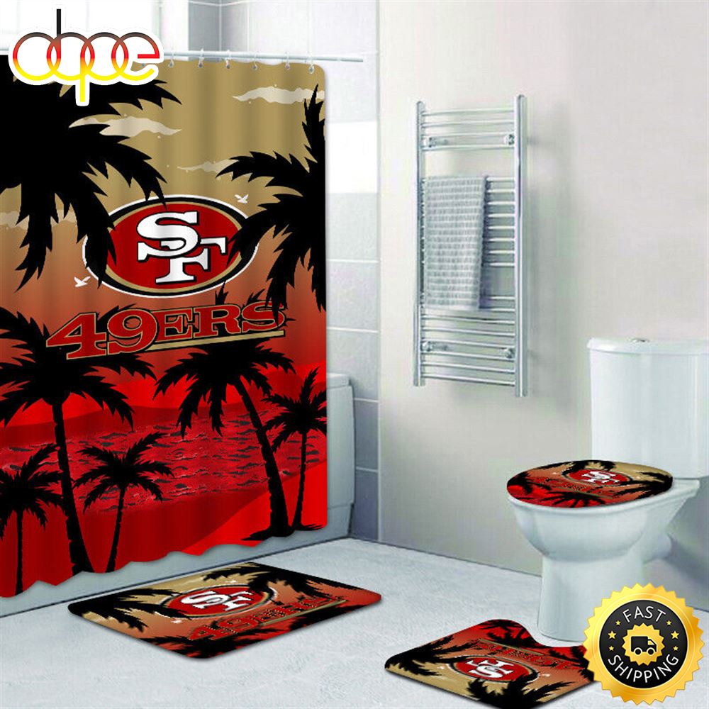 NFL Summer San Francisco 49ers 4pcs Bathroom Shower Curtain Set Bath Mats Toilet Lid Cover