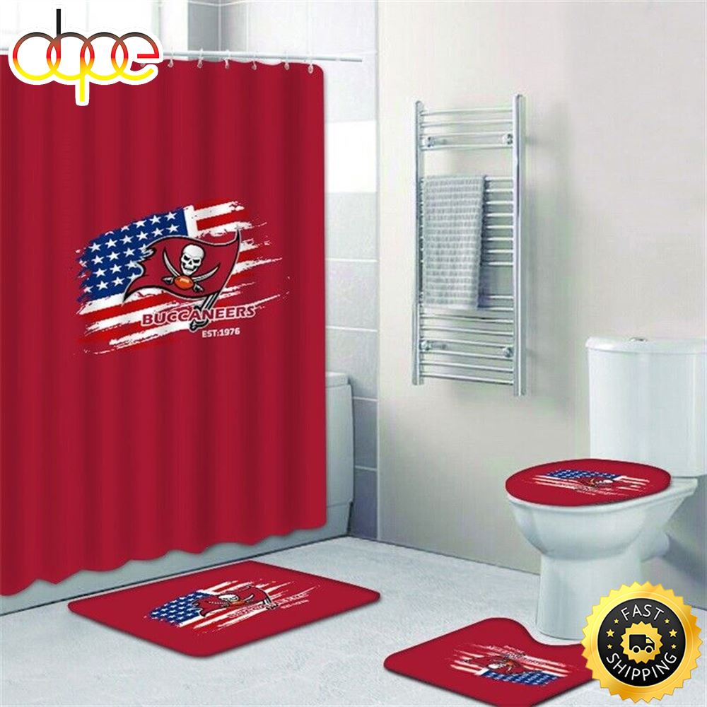 NFL Tampa Bay Buccaneers 4pcs Bathroom Rugs Set Shower Curtain Toilet Lid Cover Gift
