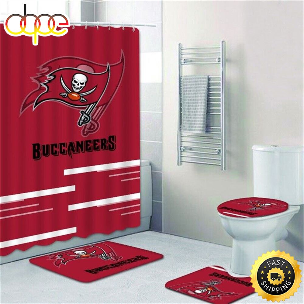 NFL Tampa Bay Buccaneers 4pcs Bathroom Rugs Set Shower Curtain Toilet Lid Cover