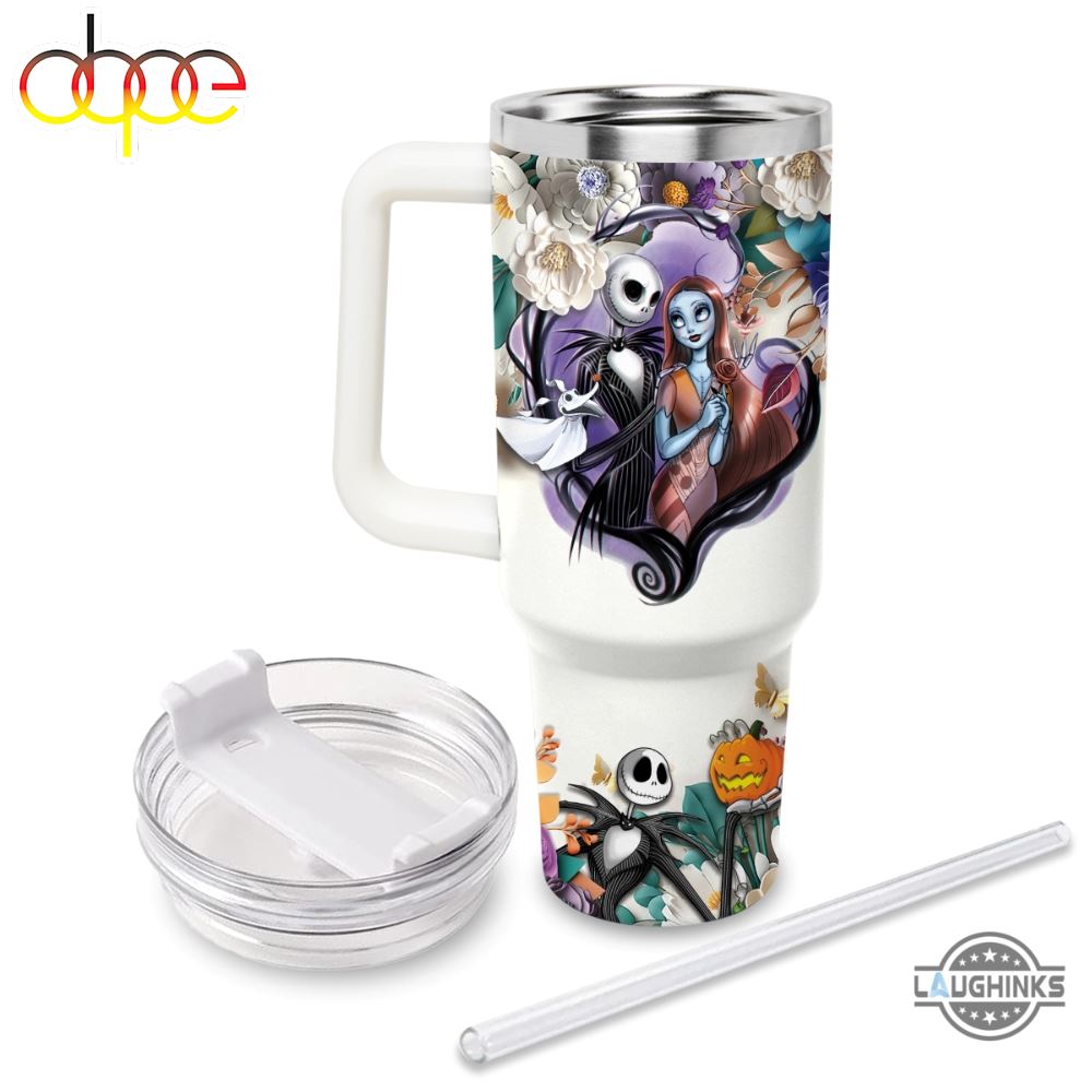 Nightmare Before Christmas Tumbler 40 Oz Custom Name Jack Skellington 3D Colorful Flower Pattern 40Oz Stainless Steel Tumbler With Handle And Straw Lid