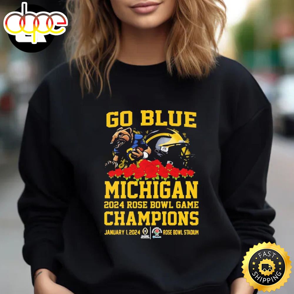 Official Go Blue Michigan Wolverines 2024 Rose Bowl Game Champions Mascot Helmet Unisex T Shirt