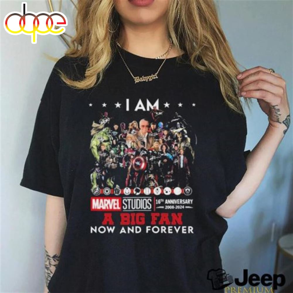 Official I Am Marvel Studios 16th Anniversary 2008 2024 A Big Fan Now And Forever Signatures Shirt