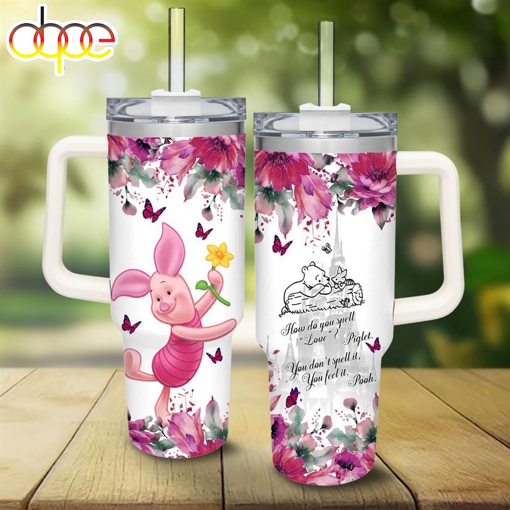 Piglet Flower Pattern 40oz Tumbler With Handle And Straw Lid