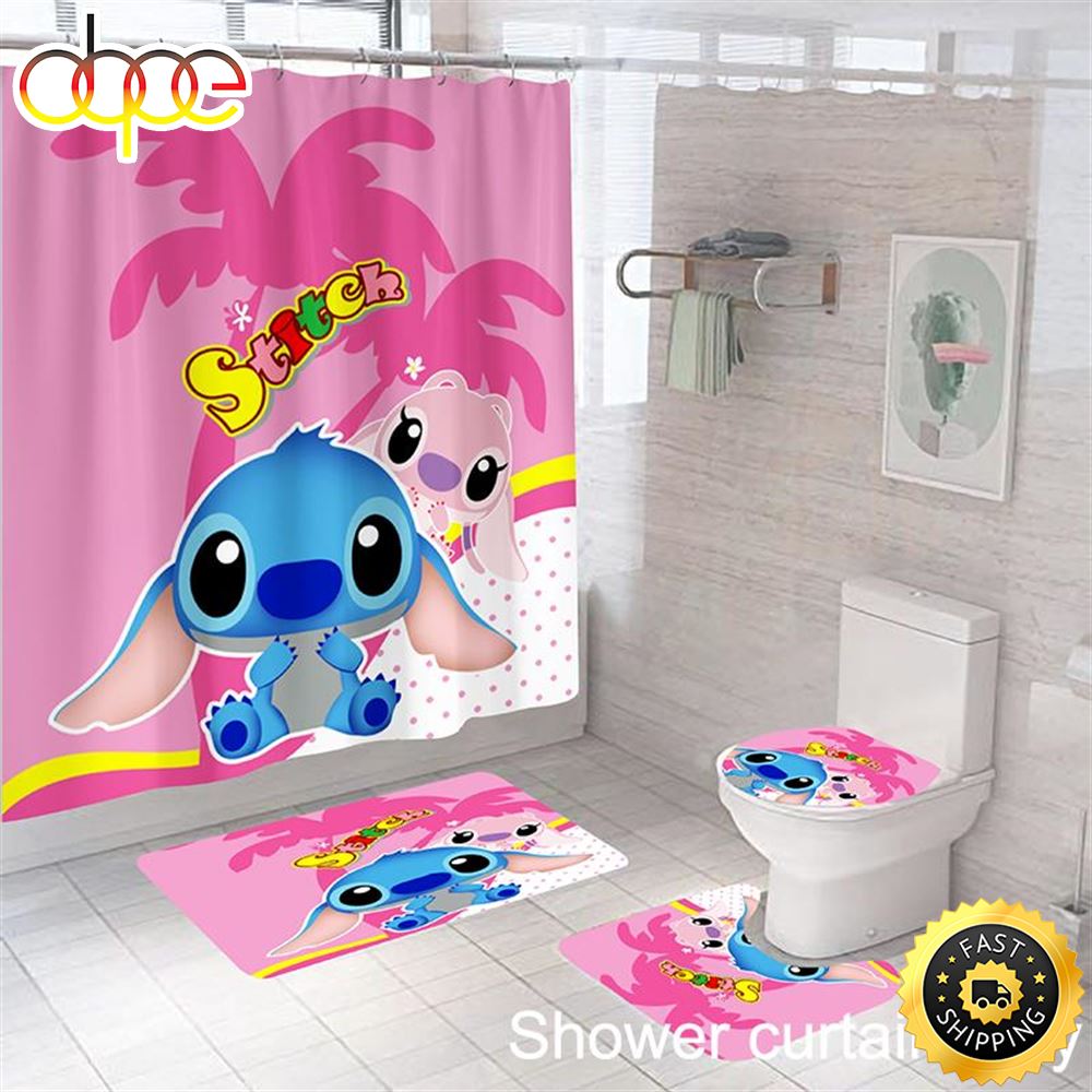 Pink Lilo And Angel Stitch Print Shower Curtain Bath Math Toilet Lid Cover Mat