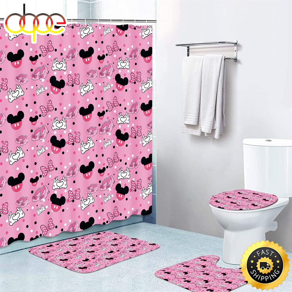 Pink Mickey Waterproof Shower Curtain Toilet Lid Cover Bath Mat Rug