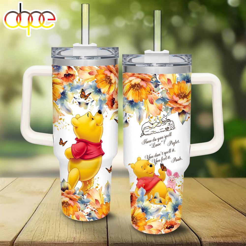 Pooh Flower Pattern 40oz Tumbler With Handle And Straw Lid