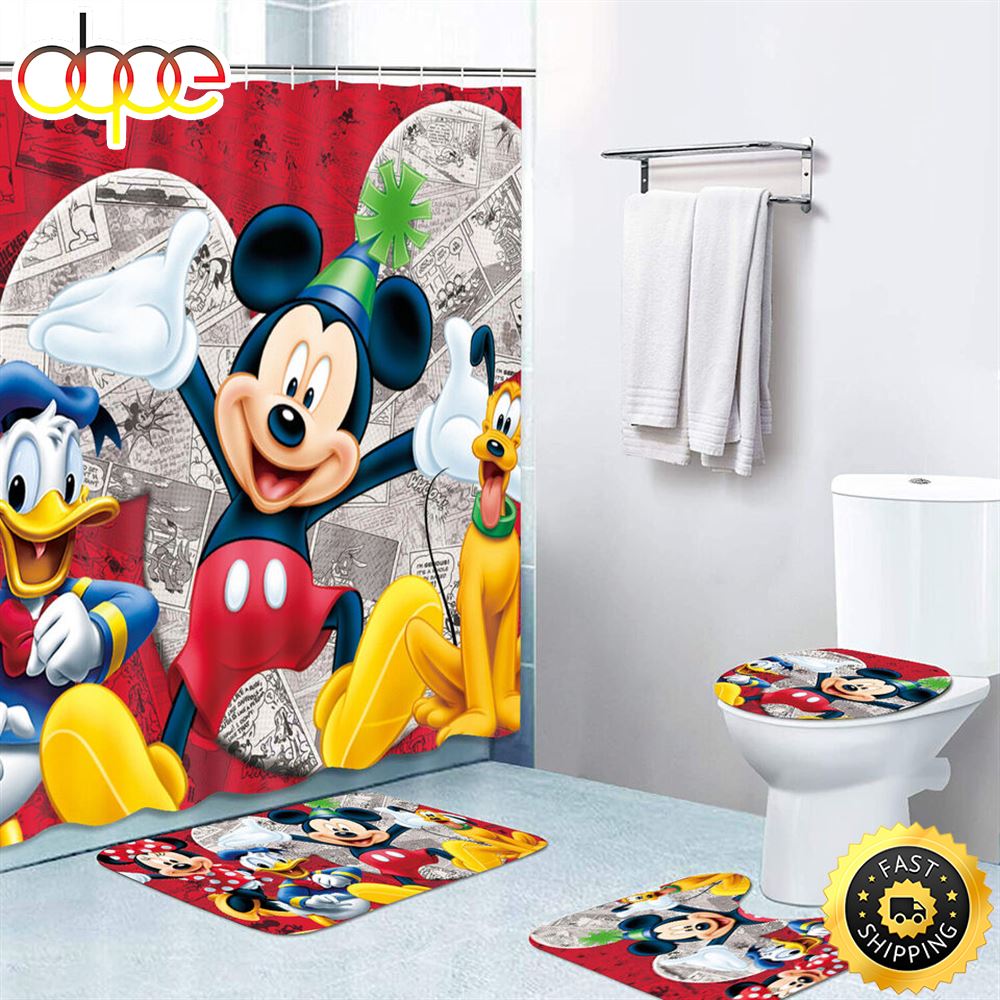 Red Mickey Minnie Mouse Bathroom Set Shower Curtain Bath Mat Toilet Lid Cover